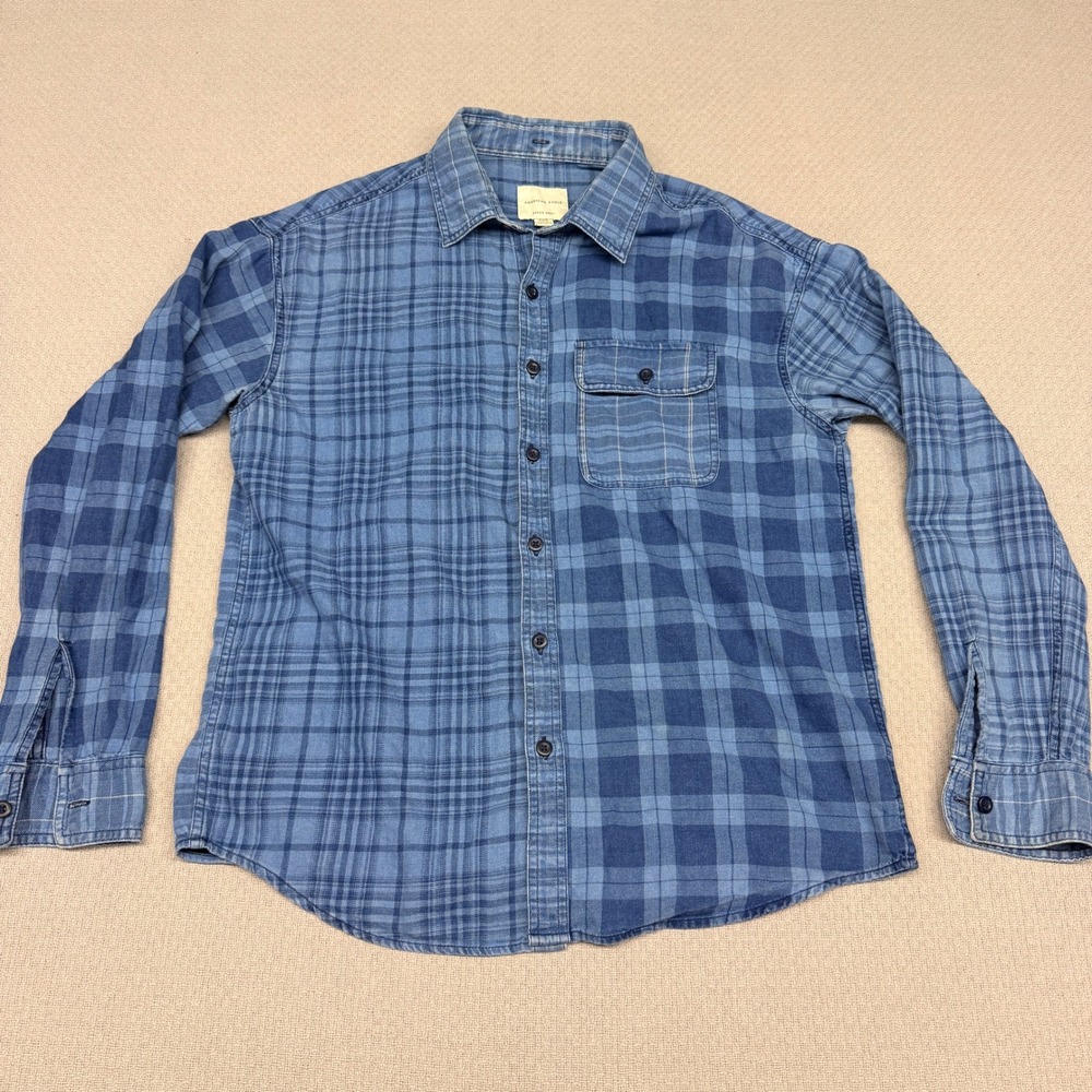 American Eagle Shirt Mens M Blue Plaid Chambray Denim Super Soft Casual